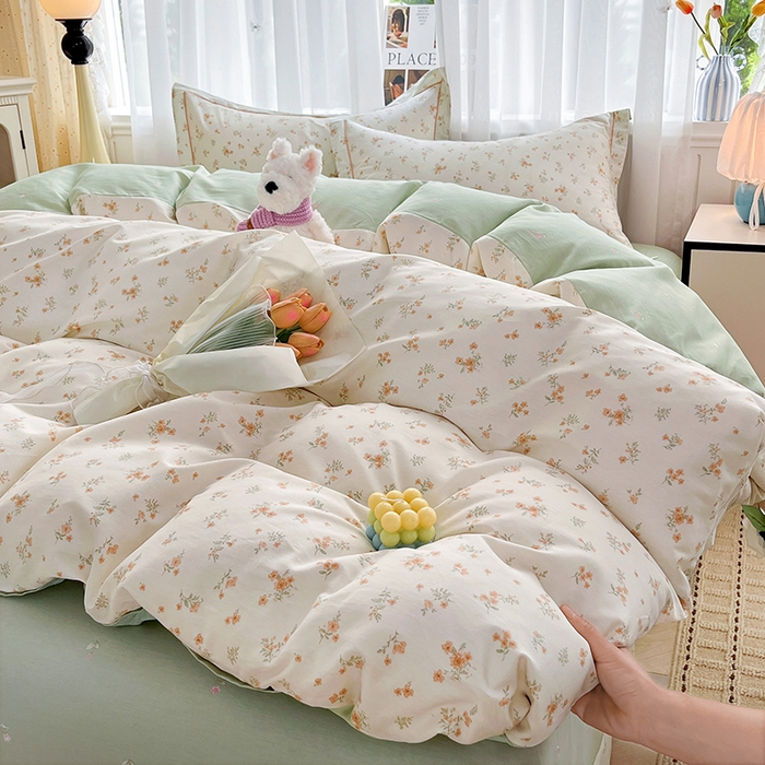 91家纺网 家纺一手货源 找家纺 美织缘家纺 2026直播爆款一字绣吊边床单款纯棉全棉四件套印花百分百（喷气高品质） 春茶弥香-桔