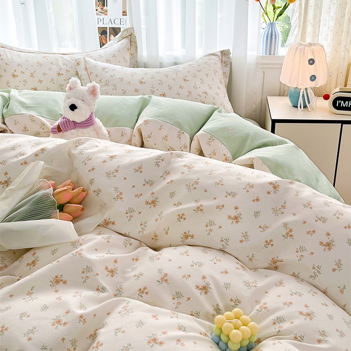 91家纺网 家纺一手货源 找家纺 美织缘家纺 2026直播爆款一字绣吊边床单款纯棉全棉四件套印花百分百（喷气高品质） 春茶弥香-桔