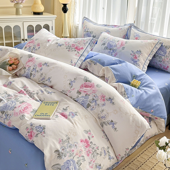 91家纺网 家纺一手货源 找家纺 美织缘家纺 2026直播爆款一字绣吊边床单款纯棉全棉四件套印花百分百（喷气高品质） 依恋花韵-米