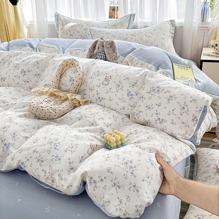 91家纺网 家纺一手货源 找家纺 美织缘家纺 2026直播爆款一字绣吊边床单款纯棉全棉四件套印花百分百（喷气高品质） 浅影-蓝