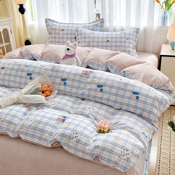 91家纺网 家纺一手货源 找家纺 美织缘家纺 2026直播爆款一字绣吊边床单款纯棉全棉四件套印花百分百（喷气高品质） 俏皮狗-蓝