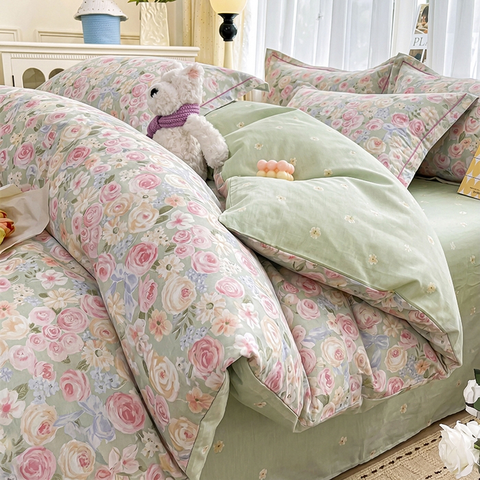 91家纺网 家纺一手货源 找家纺 美织缘家纺 2026直播爆款一字绣吊边床单款纯棉全棉四件套印花百分百（喷气高品质） 花开似锦-粉