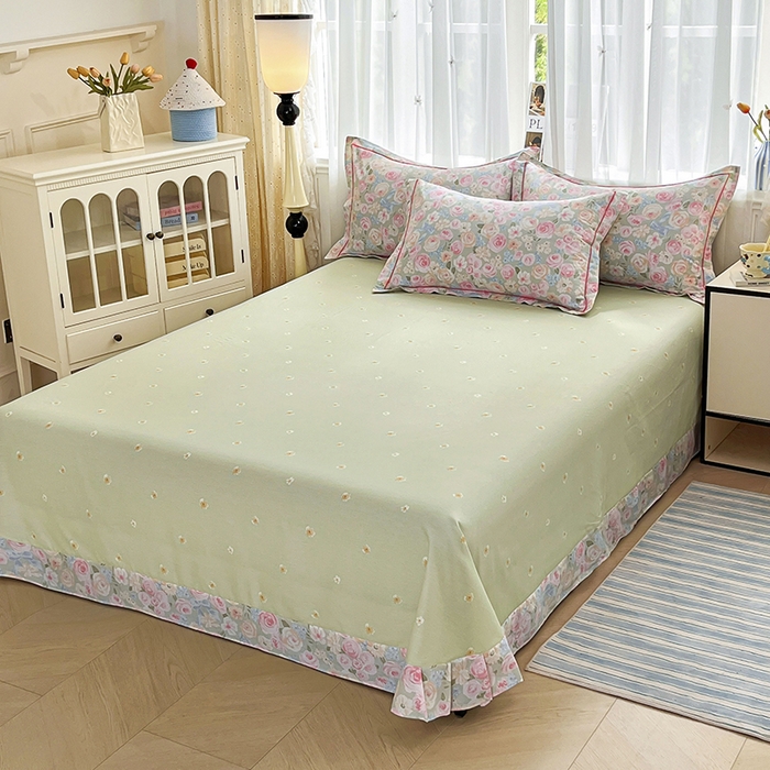 91家纺网 家纺一手货源 找家纺 美织缘家纺 2026直播爆款一字绣吊边床单款纯棉全棉四件套印花百分百（喷气高品质） 花开似锦-粉