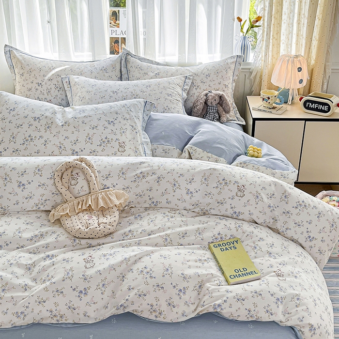 91家纺网 家纺一手货源 找家纺 美织缘家纺 2026直播爆款一字绣吊边床单款纯棉全棉四件套印花百分百（喷气高品质） 浅影-蓝