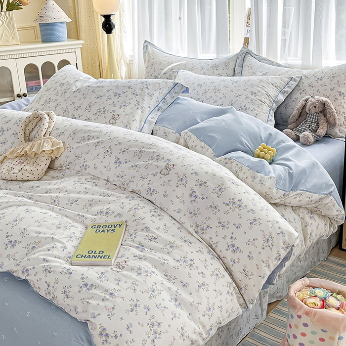 91家纺网 家纺一手货源 找家纺 美织缘家纺 2026直播爆款一字绣吊边床单款纯棉全棉四件套印花百分百（喷气高品质） 浅影-蓝