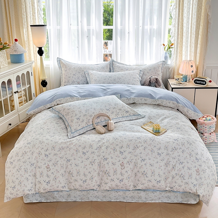 91家纺网 家纺一手货源 找家纺 美织缘家纺 2026直播爆款一字绣吊边床单款纯棉全棉四件套印花百分百（喷气高品质） 浅影-蓝