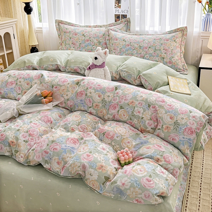 91家纺网 家纺一手货源 找家纺 美织缘家纺 2026直播爆款一字绣吊边床单款纯棉全棉四件套印花百分百（喷气高品质） 花开似锦-粉