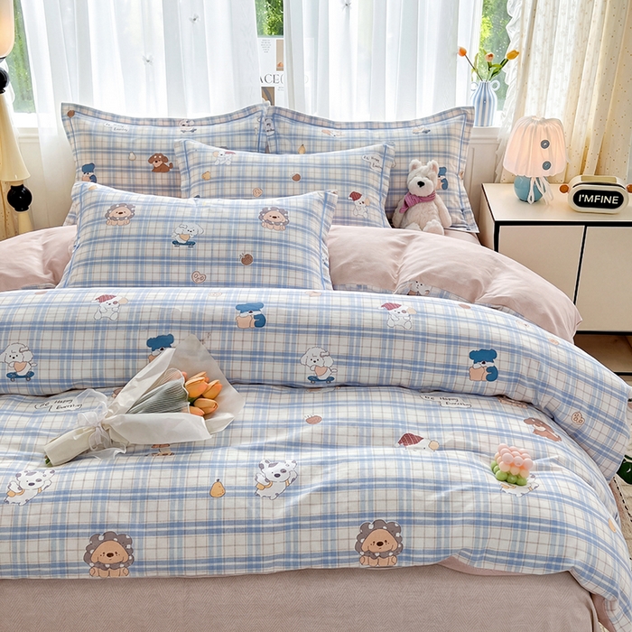 91家纺网 家纺一手货源 找家纺 美织缘家纺 2026直播爆款一字绣吊边床单款纯棉全棉四件套印花百分百（喷气高品质） 俏皮狗-蓝