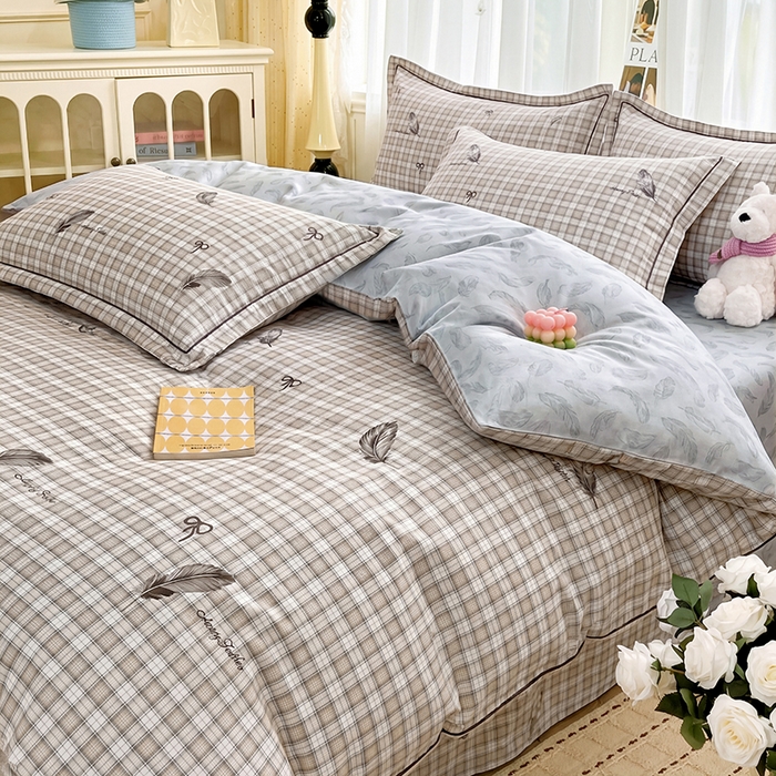 91家纺网 家纺一手货源 找家纺 美织缘家纺 2026直播爆款一字绣吊边床单款纯棉全棉四件套印花百分百（喷气高品质） 洛羽纷飞-咖