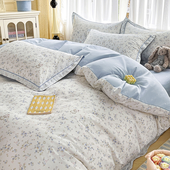 91家纺网 家纺一手货源 找家纺 美织缘家纺 2026直播爆款一字绣吊边床单款纯棉全棉四件套印花百分百（喷气高品质） 浅影-蓝