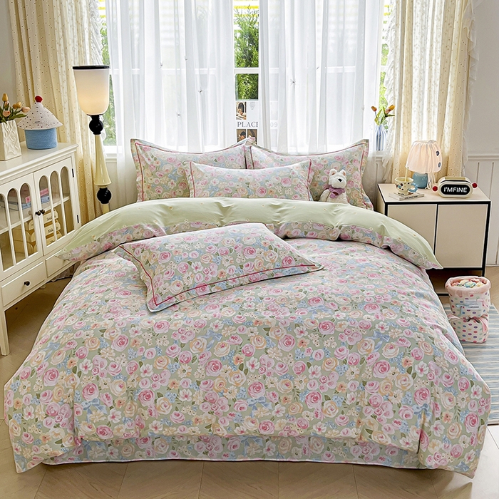 91家纺网 家纺一手货源 找家纺 美织缘家纺 2026直播爆款一字绣吊边床单款纯棉全棉四件套印花百分百（喷气高品质） 花开似锦-粉