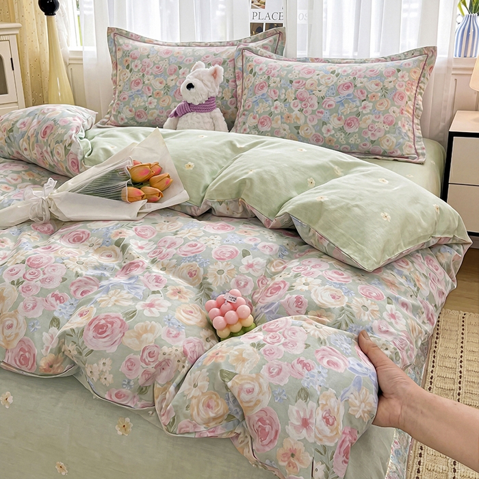 91家纺网 家纺一手货源 找家纺 美织缘家纺 2026直播爆款一字绣吊边床单款纯棉全棉四件套印花百分百（喷气高品质） 花开似锦-粉