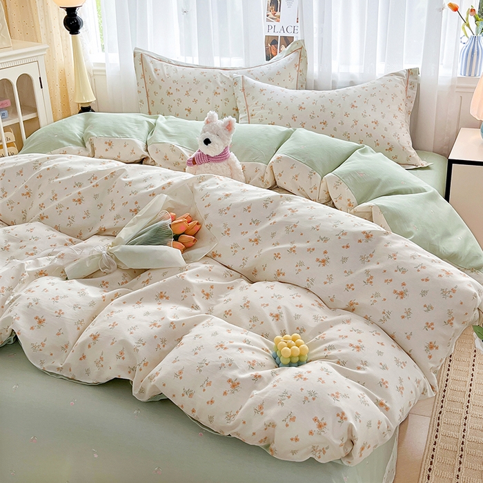 91家纺网 家纺一手货源 找家纺 美织缘家纺 2026直播爆款一字绣吊边床单款纯棉全棉四件套印花百分百（喷气高品质） 春茶弥香-桔