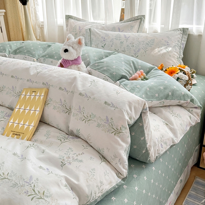 91家纺网 家纺一手货源 找家纺 美织缘家纺 2026直播爆款一字绣吊边床单款纯棉全棉四件套印花百分百（喷气高品质） 田园诗篇-米