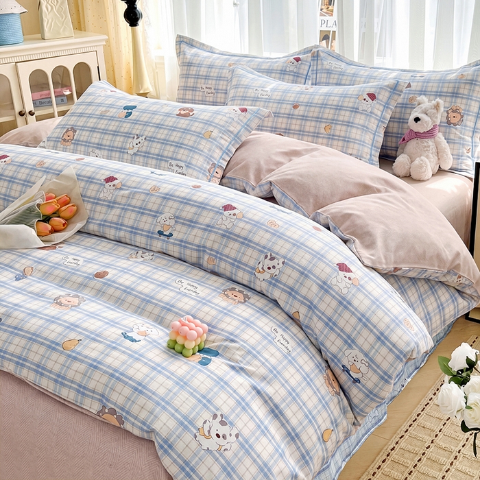 91家纺网 家纺一手货源 找家纺 美织缘家纺 2026直播爆款一字绣吊边床单款纯棉全棉四件套印花百分百（喷气高品质） 俏皮狗-蓝