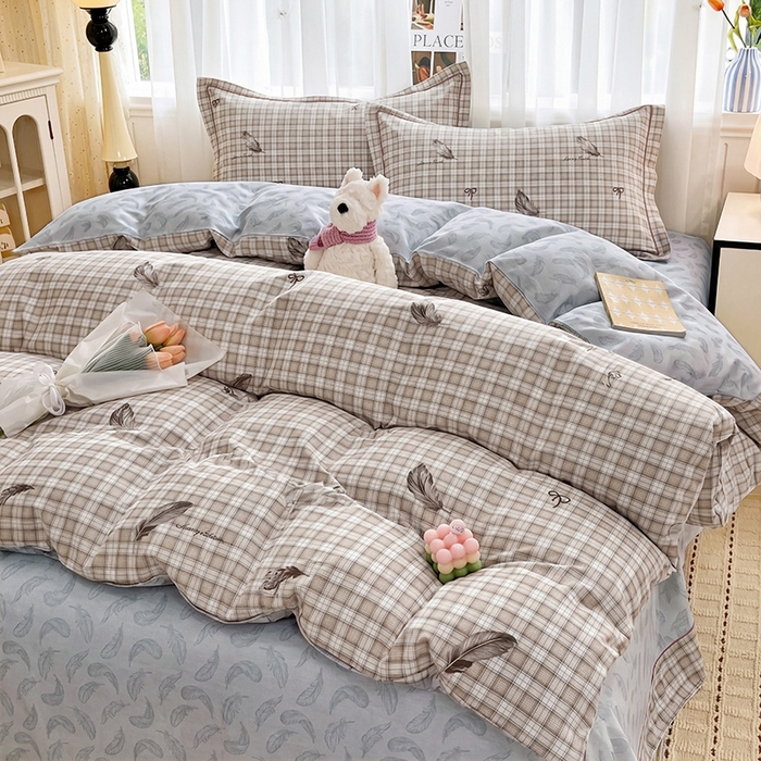 91家纺网 家纺一手货源 找家纺 美织缘家纺 2026直播爆款一字绣吊边床单款纯棉全棉四件套印花百分百（喷气高品质） 洛羽纷飞-咖