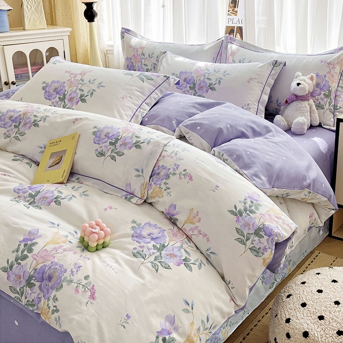 91家纺网 家纺一手货源 找家纺 美织缘家纺 2026直播爆款一字绣吊边床单款纯棉全棉四件套印花百分百（喷气高品质） 嫣然花开-米