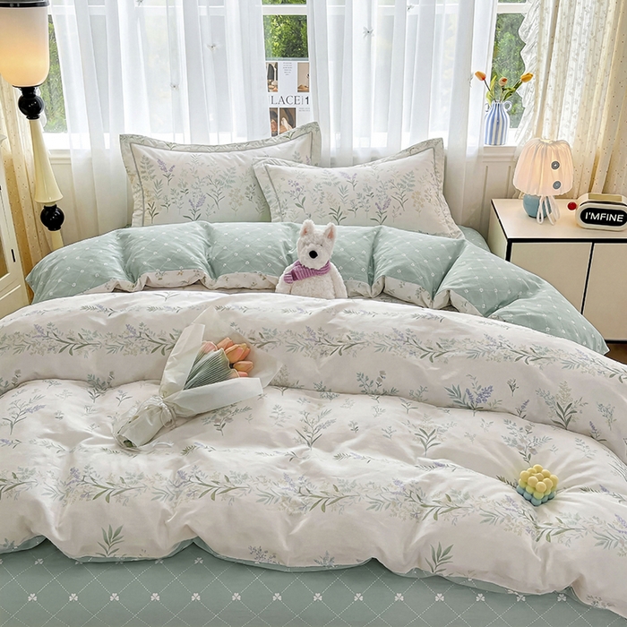 91家纺网 家纺一手货源 找家纺 美织缘家纺 2026直播爆款一字绣吊边床单款纯棉全棉四件套印花百分百（喷气高品质） 田园诗篇-米