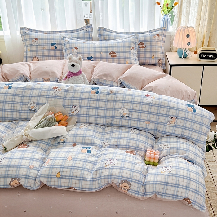 91家纺网 家纺一手货源 找家纺 美织缘家纺 2026直播爆款一字绣吊边床单款纯棉全棉四件套印花百分百（喷气高品质） 俏皮狗-蓝