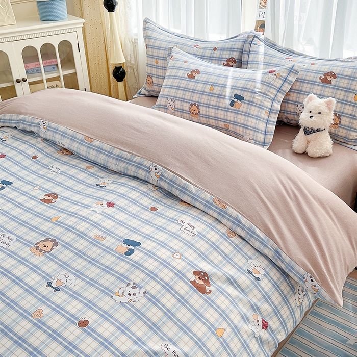 91家纺网 家纺一手货源 找家纺 美织缘家纺 2026直播爆款一字绣吊边床单款纯棉全棉四件套印花百分百（喷气高品质） 俏皮狗-蓝