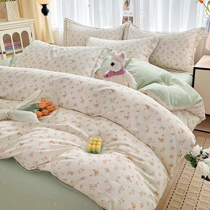 91家纺网 家纺一手货源 找家纺 美织缘家纺 2026直播爆款一字绣吊边床单款纯棉全棉四件套印花百分百（喷气高品质） 春茶弥香-桔