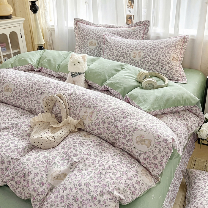 91家纺网 家纺一手货源 找家纺 美织缘家纺 2026直播爆款一字绣吊边床单款纯棉全棉四件套印花百分百（喷气高品质） 粉黛花园-米