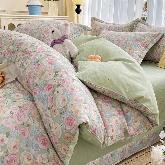 美织缘家纺 2026直播爆款一字绣吊边床单款纯棉全棉四件套印花百分百（喷气高品质） 花开似锦-粉