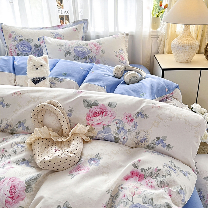 91家纺网 家纺一手货源 找家纺 美织缘家纺 2026直播爆款一字绣吊边床单款纯棉全棉四件套印花百分百（喷气高品质） 依恋花韵-米