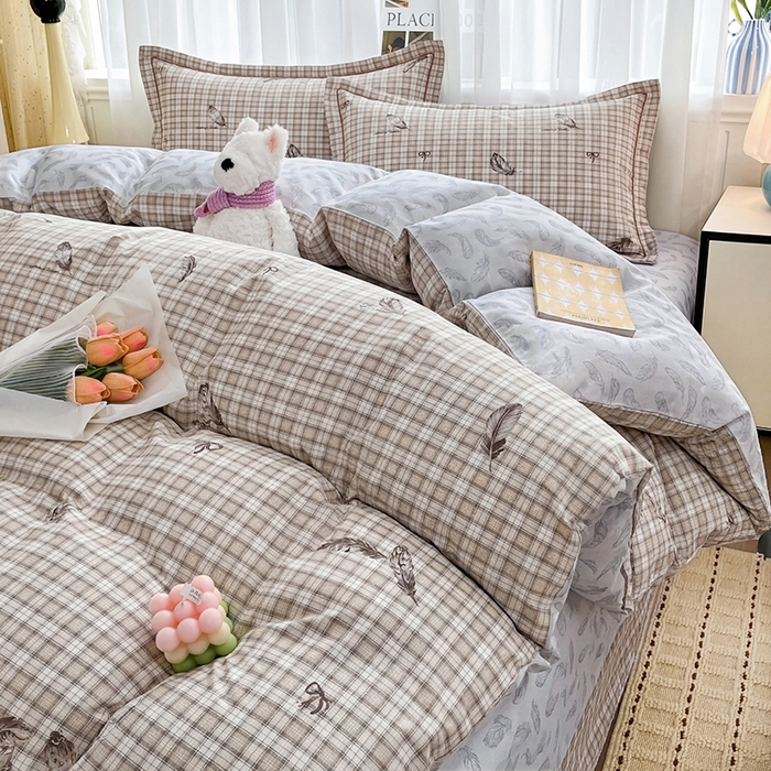 91家纺网 家纺一手货源 找家纺 美织缘家纺 2026直播爆款一字绣吊边床单款纯棉全棉四件套印花百分百（喷气高品质） 洛羽纷飞-咖