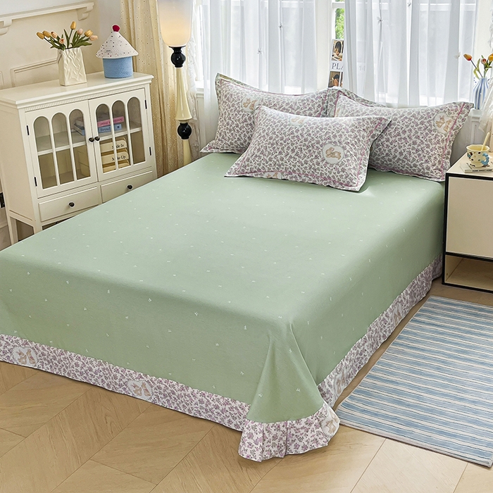 91家纺网 家纺一手货源 找家纺 美织缘家纺 2026直播爆款一字绣吊边床单款纯棉全棉四件套印花百分百（喷气高品质） 粉黛花园-米