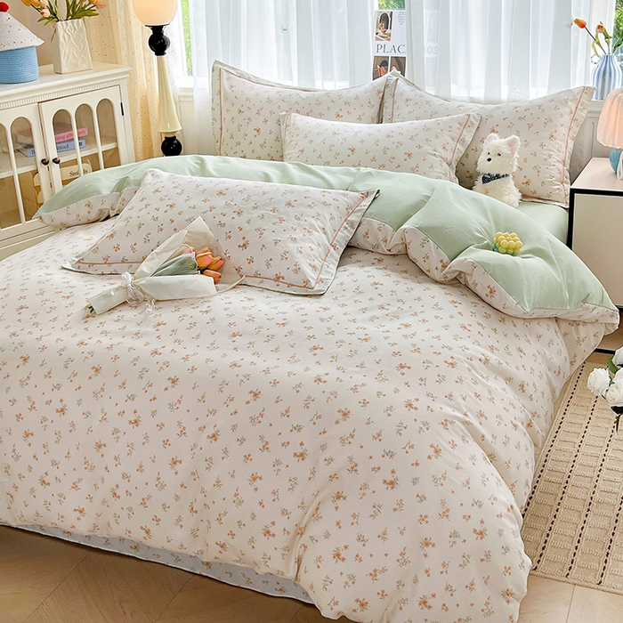 91家纺网 家纺一手货源 找家纺 美织缘家纺 2026直播爆款一字绣吊边床单款纯棉全棉四件套印花百分百（喷气高品质） 春茶弥香-桔