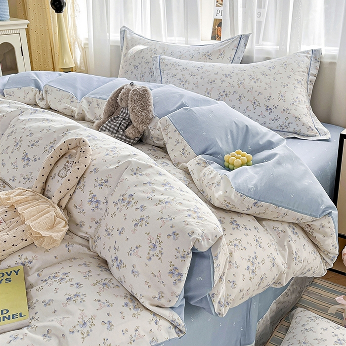 91家纺网 家纺一手货源 找家纺 美织缘家纺 2026直播爆款一字绣吊边床单款纯棉全棉四件套印花百分百（喷气高品质） 浅影-蓝