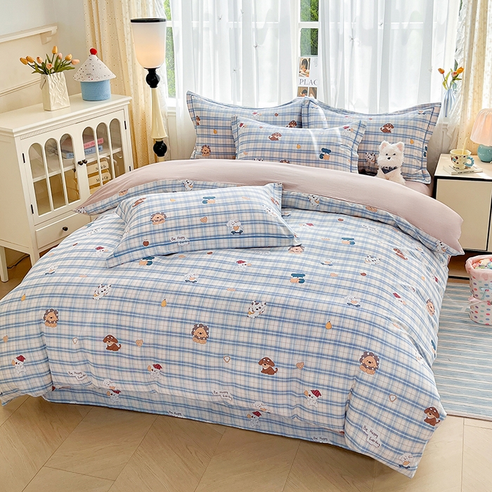 91家纺网 家纺一手货源 找家纺 美织缘家纺 2026直播爆款一字绣吊边床单款纯棉全棉四件套印花百分百（喷气高品质） 俏皮狗-蓝