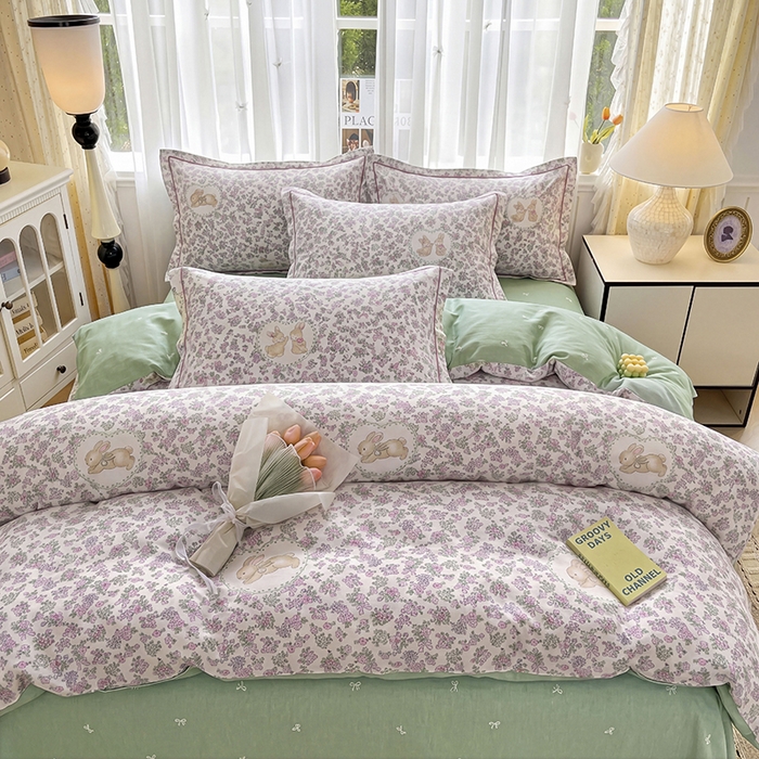 91家纺网 家纺一手货源 找家纺 美织缘家纺 2026直播爆款一字绣吊边床单款纯棉全棉四件套印花百分百（喷气高品质） 粉黛花园-米