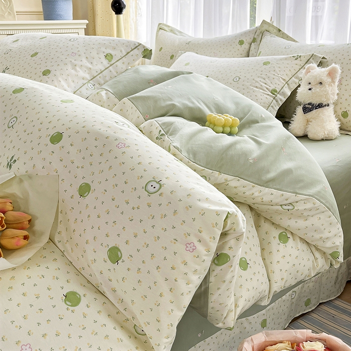 美织缘家纺 2026直播爆款一字绣吊边床单款纯棉全棉四件套印花百分百（喷气高品质） 小苹果-绿