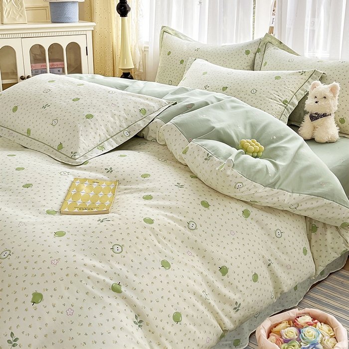 91家纺网 家纺一手货源 找家纺 美织缘家纺 2026直播爆款一字绣吊边床单款纯棉全棉四件套印花百分百（喷气高品质） 小苹果-绿