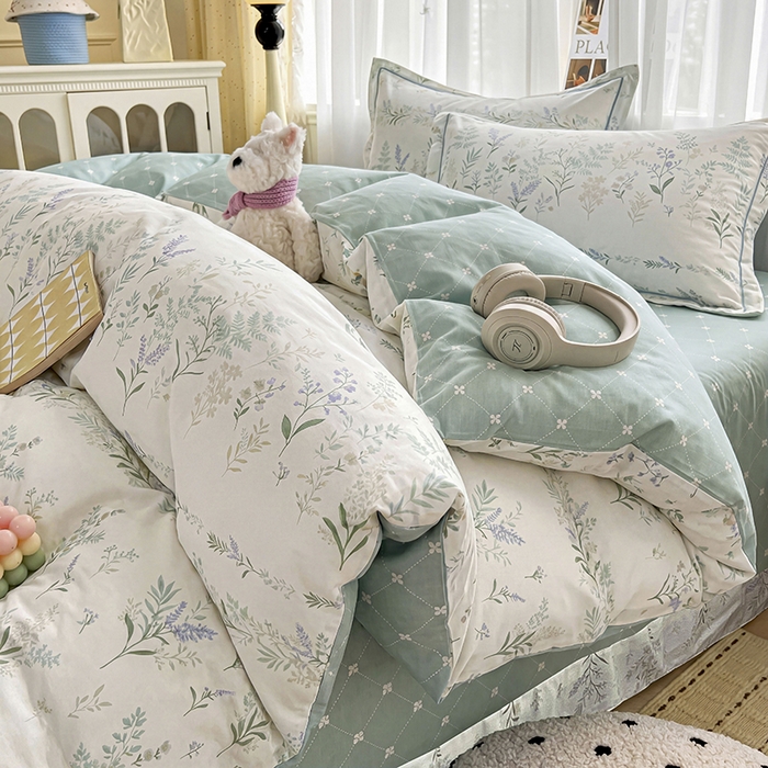 美织缘家纺 2026直播爆款一字绣吊边床单款纯棉全棉四件套印花百分百（喷气高品质） 田园诗篇-米