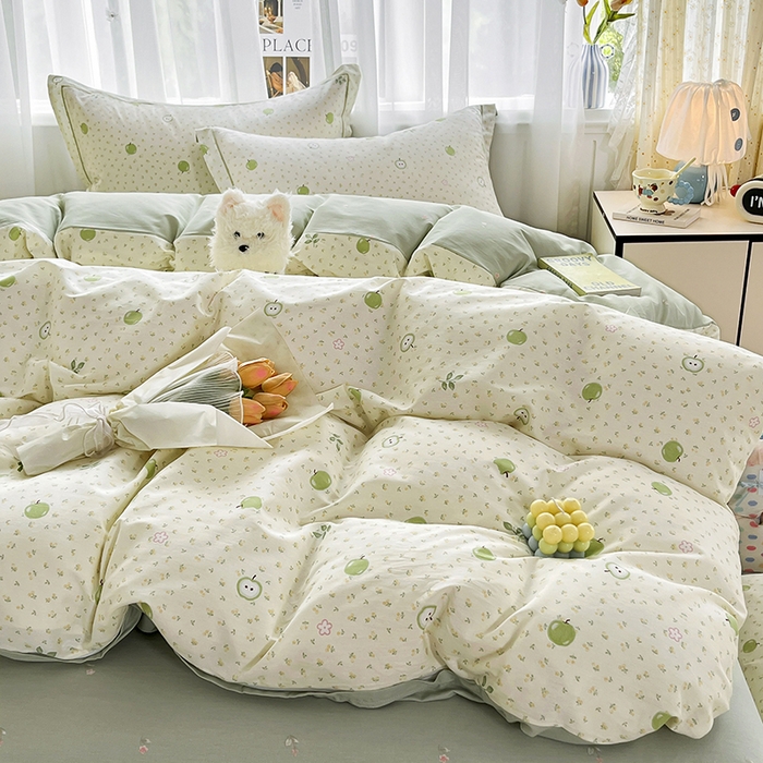 91家纺网 家纺一手货源 找家纺 美织缘家纺 2026直播爆款一字绣吊边床单款纯棉全棉四件套印花百分百（喷气高品质） 小苹果-绿