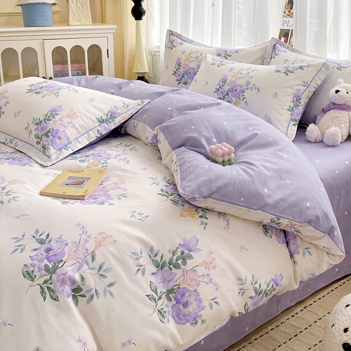 91家纺网 家纺一手货源 找家纺 美织缘家纺 2026直播爆款一字绣吊边床单款纯棉全棉四件套印花百分百（喷气高品质） 嫣然花开-米