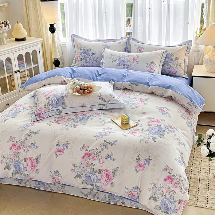 91家纺网 家纺一手货源 找家纺 美织缘家纺 2026直播爆款一字绣吊边床单款纯棉全棉四件套印花百分百（喷气高品质） 依恋花韵-米