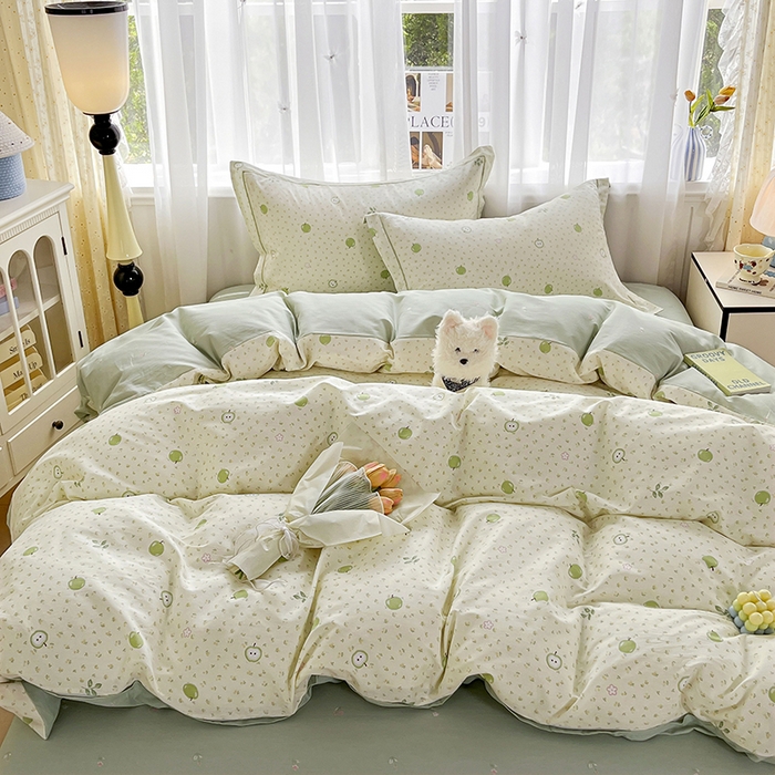 91家纺网 家纺一手货源 找家纺 美织缘家纺 2026直播爆款一字绣吊边床单款纯棉全棉四件套印花百分百（喷气高品质） 小苹果-绿