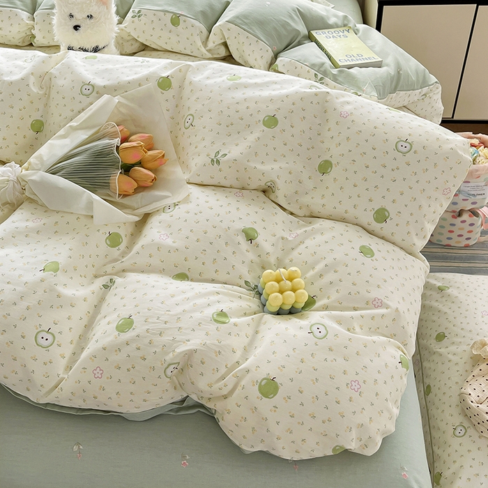 91家纺网 家纺一手货源 找家纺 美织缘家纺 2026直播爆款一字绣吊边床单款纯棉全棉四件套印花百分百（喷气高品质） 小苹果-绿