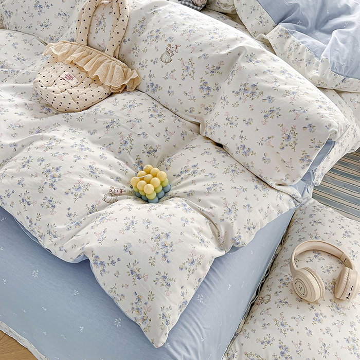 91家纺网 家纺一手货源 找家纺 美织缘家纺 2026直播爆款一字绣吊边床单款纯棉全棉四件套印花百分百（喷气高品质） 浅影-蓝