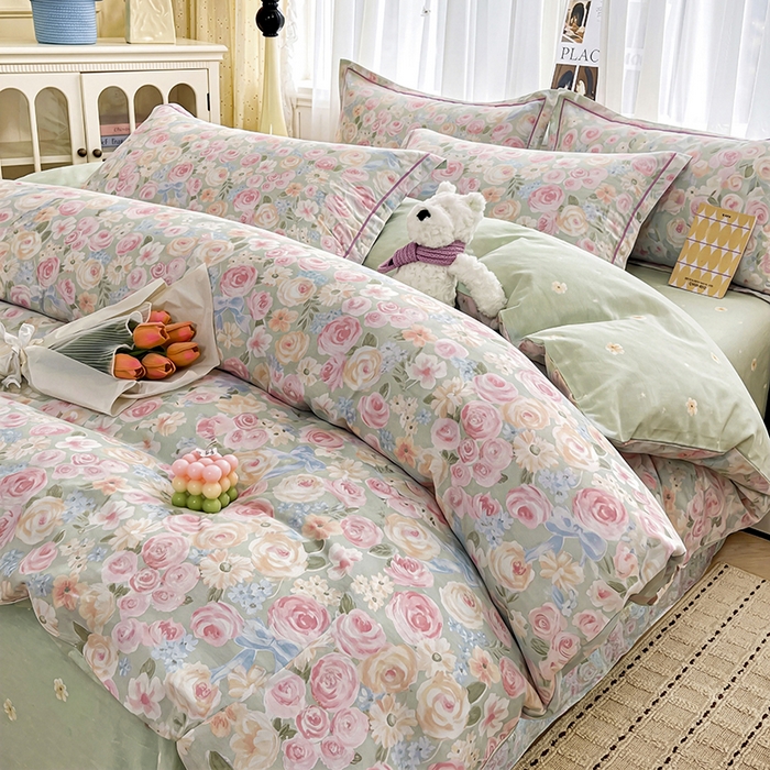 91家纺网 家纺一手货源 找家纺 美织缘家纺 2026直播爆款一字绣吊边床单款纯棉全棉四件套印花百分百（喷气高品质） 花开似锦-粉