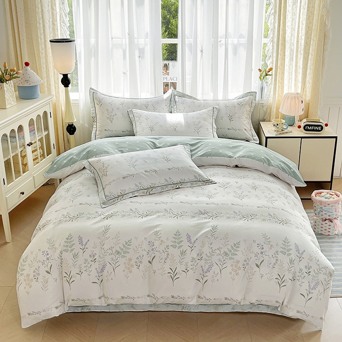 91家纺网 家纺一手货源 找家纺 美织缘家纺 2026直播爆款一字绣吊边床单款纯棉全棉四件套印花百分百（喷气高品质） 田园诗篇-米