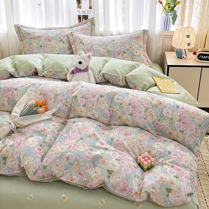 91家纺网 家纺一手货源 找家纺 美织缘家纺 2026直播爆款一字绣吊边床单款纯棉全棉四件套印花百分百（喷气高品质） 花开似锦-粉