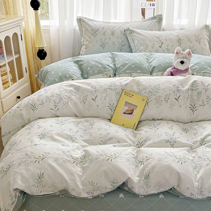 91家纺网 家纺一手货源 找家纺 美织缘家纺 2026直播爆款一字绣吊边床单款纯棉全棉四件套印花百分百（喷气高品质） 田园诗篇-米