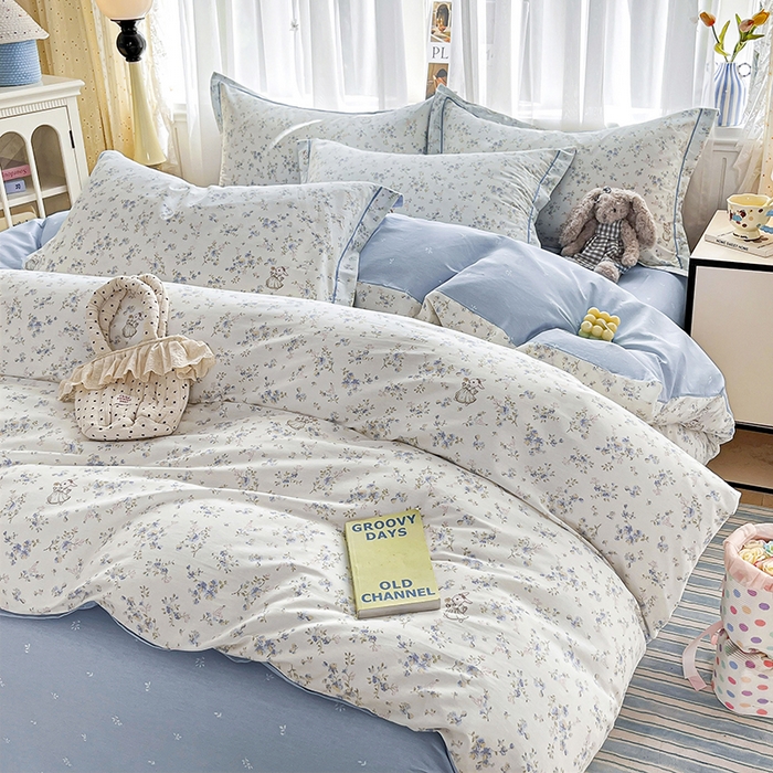 91家纺网 家纺一手货源 找家纺 美织缘家纺 2026直播爆款一字绣吊边床单款纯棉全棉四件套印花百分百（喷气高品质） 浅影-蓝