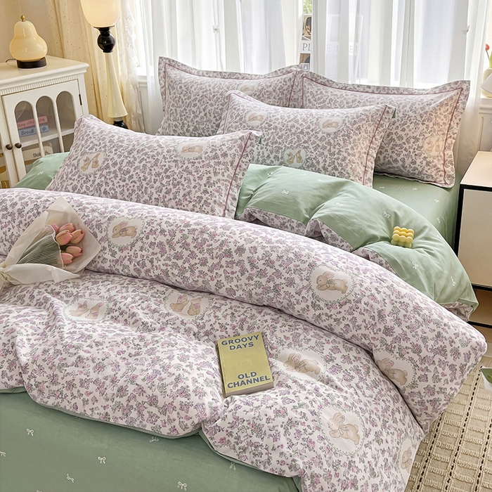 91家纺网 家纺一手货源 找家纺 美织缘家纺 2026直播爆款一字绣吊边床单款纯棉全棉四件套印花百分百（喷气高品质） 粉黛花园-米