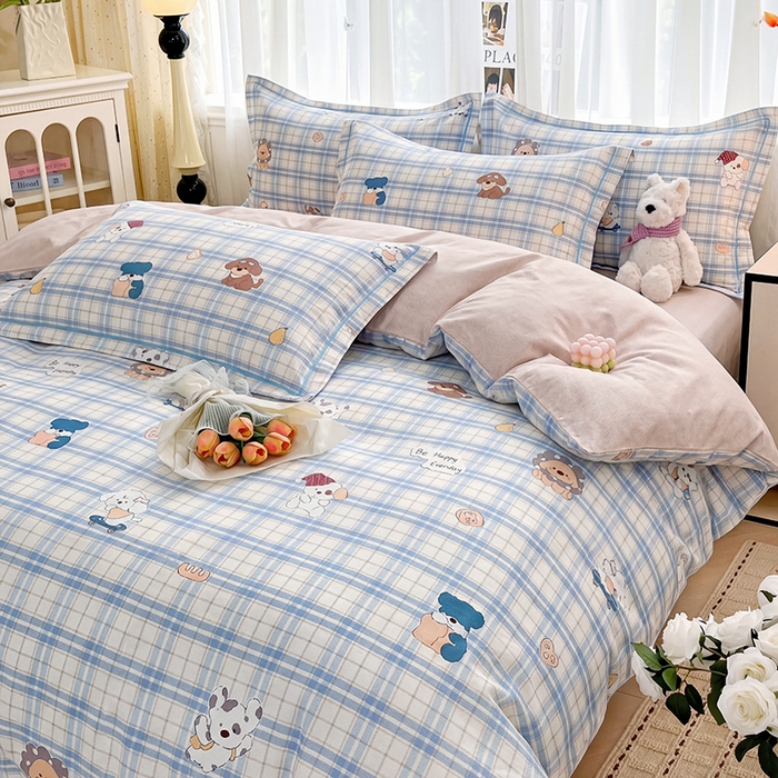 91家纺网 家纺一手货源 找家纺 美织缘家纺 2026直播爆款一字绣吊边床单款纯棉全棉四件套印花百分百（喷气高品质） 俏皮狗-蓝